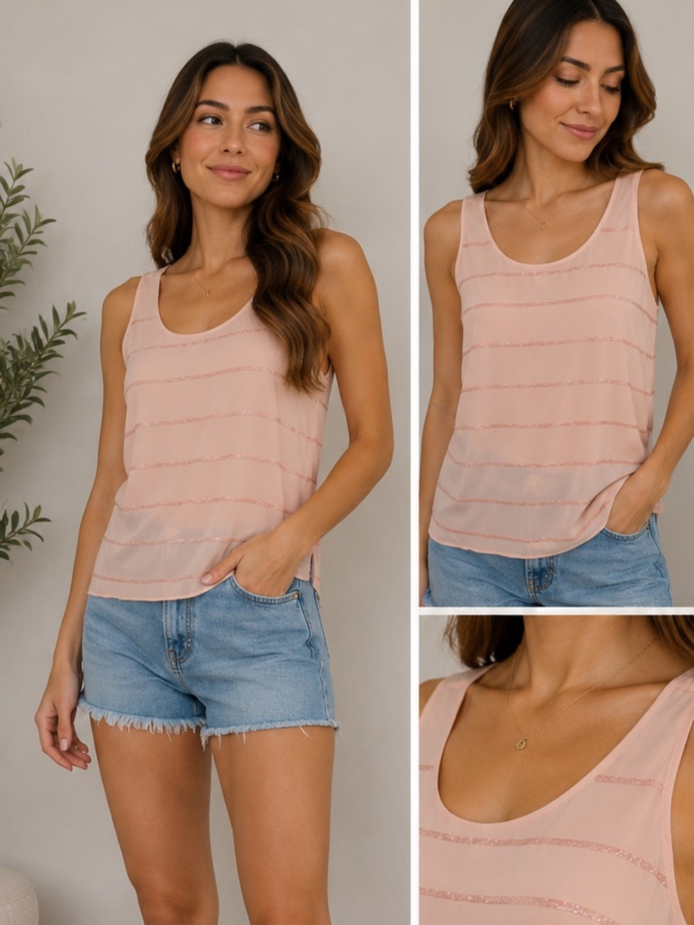 XXI Forever 21 Blush Pink Sheer Sequin Stripe Sleeveless Blouse Size S